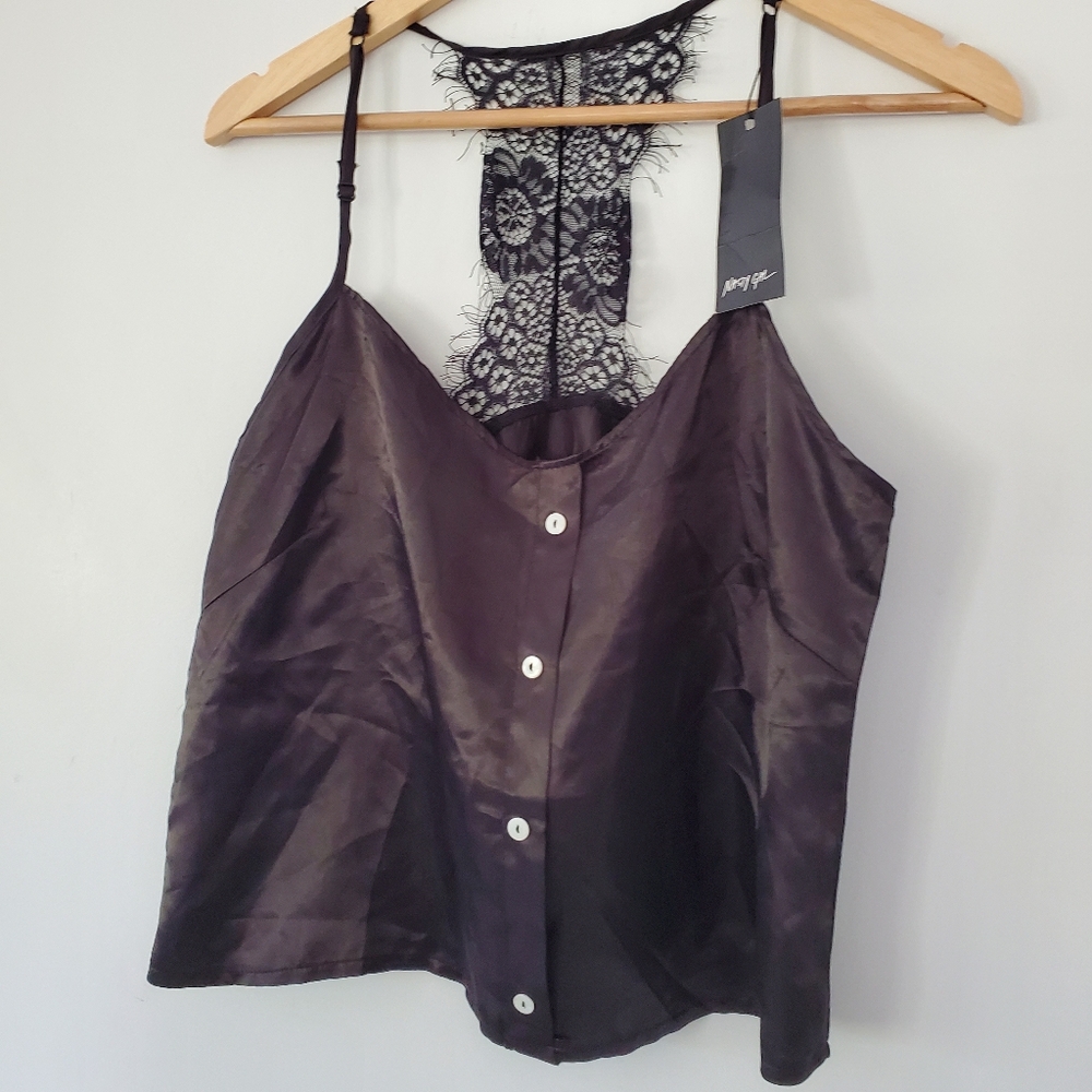 NWT NASTY GAL Sz M Black Silky Cami Top Spaghetti Straps Eyelash Lace T-Back Y2K - Picture 9 of 16